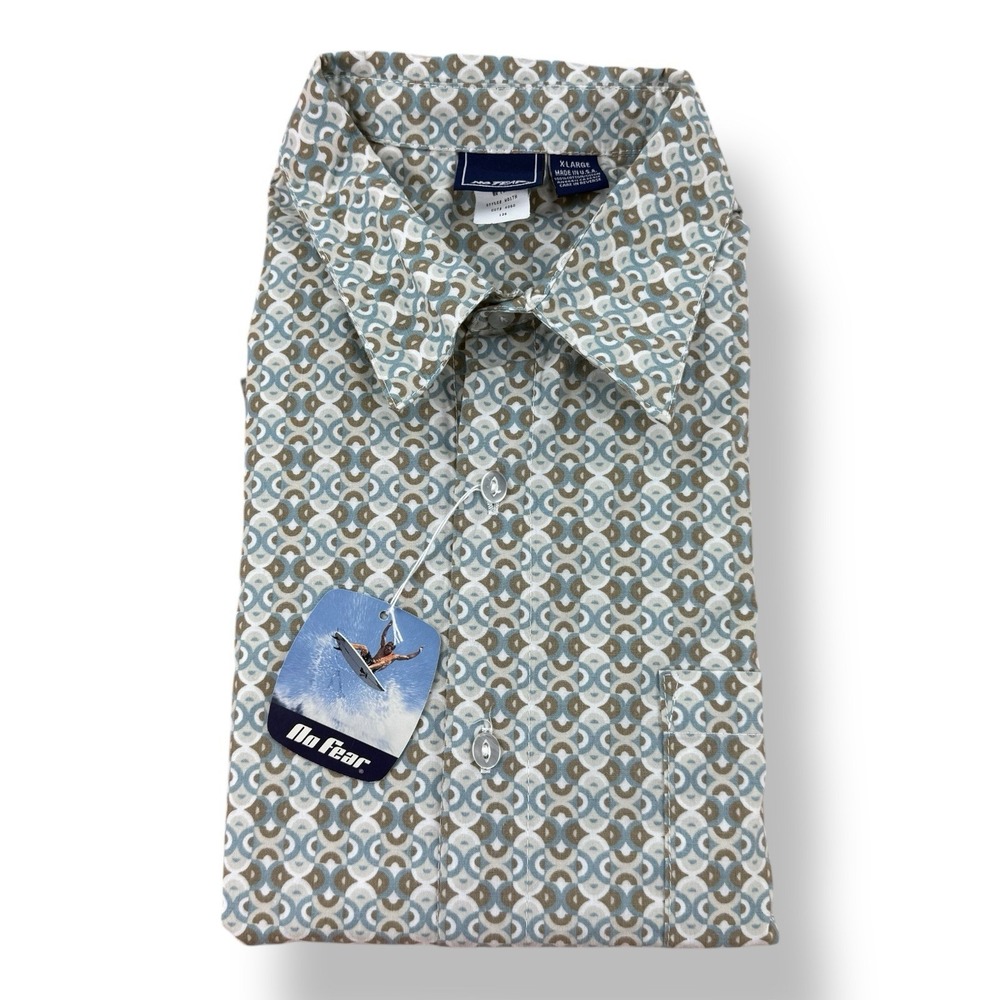 No Fear Brown Blue White Ctn Geometric Short Sleeve Button Up Shirt XL USA NWT‎
